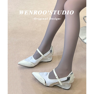 程潇同款白色悬浮跟赛车玛丽珍女鞋2026春季新款法式尖头高跟单鞋