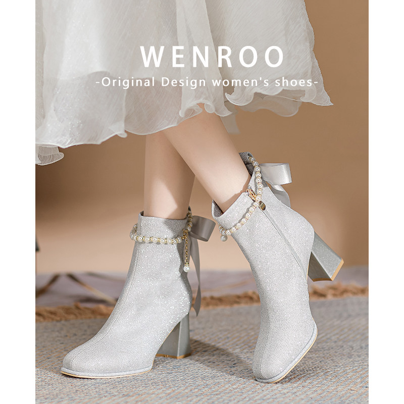 仙女风银色洋气小短靴女粗跟法式加绒礼服高跟鞋2025新款秋冬靴子,女鞋,时装靴,淘宝优惠券,粉丝福利购,淘宝优惠卷
