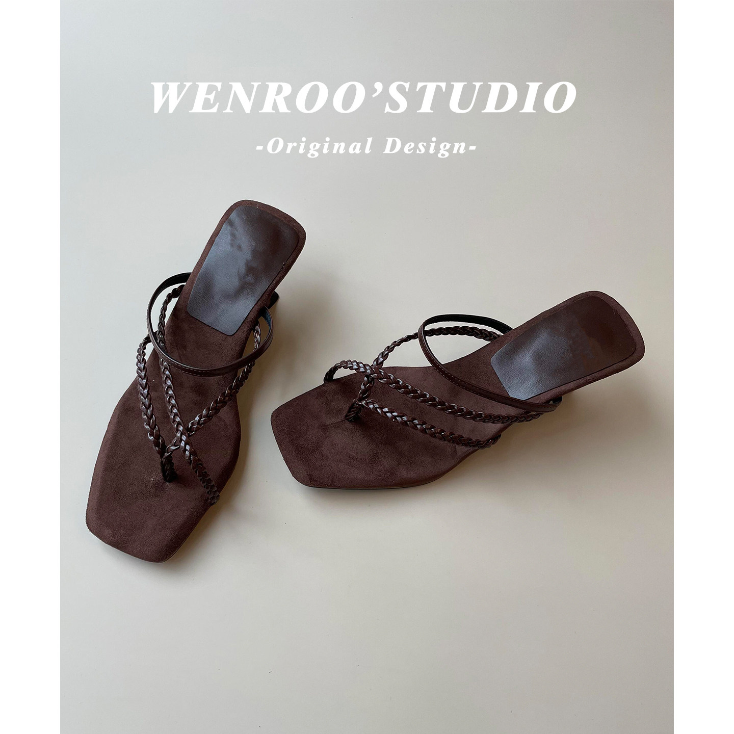 复古咖色麻绳交叉带坡跟凉鞋女外穿2026夏季新款设计小众高跟凉拖