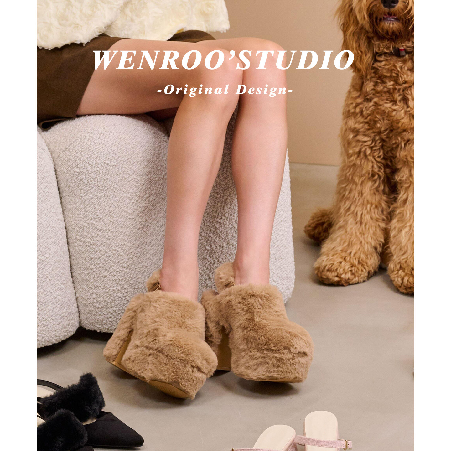 圆头高跟防水台后绊带毛毛鞋外穿