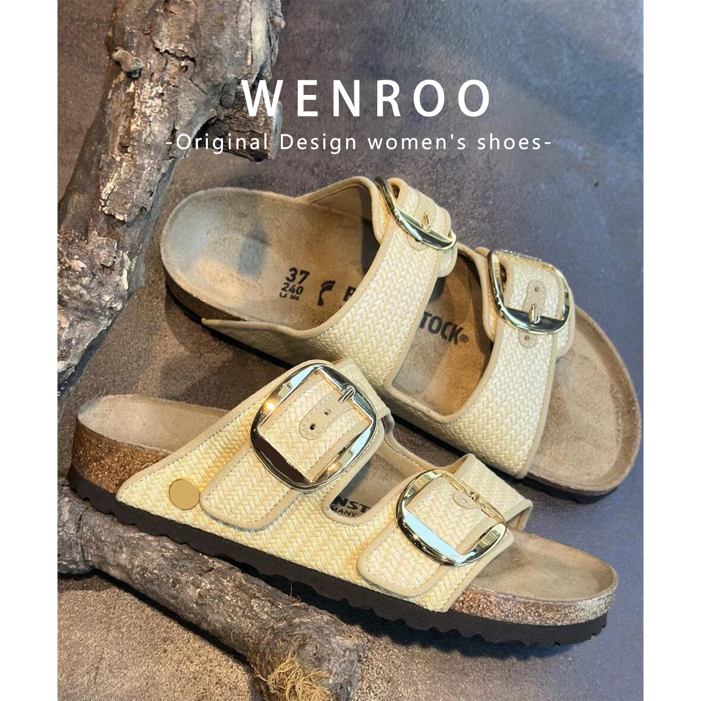 黄色亚麻编织扣带厚底勃肯鞋女外穿2026夏季新款复古露趾一字拖鞋