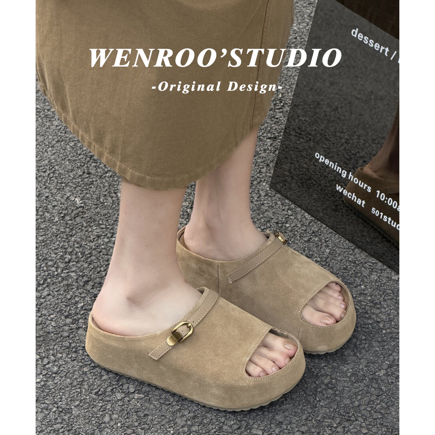 复古卡其色扣带厚底勃肯凉鞋女夏季外穿2026新款增高6CM一字拖鞋