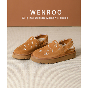 复古真皮勃肯鞋 小众刺绣后绊带厚底毛毛包头棉拖鞋 女外穿2025新款