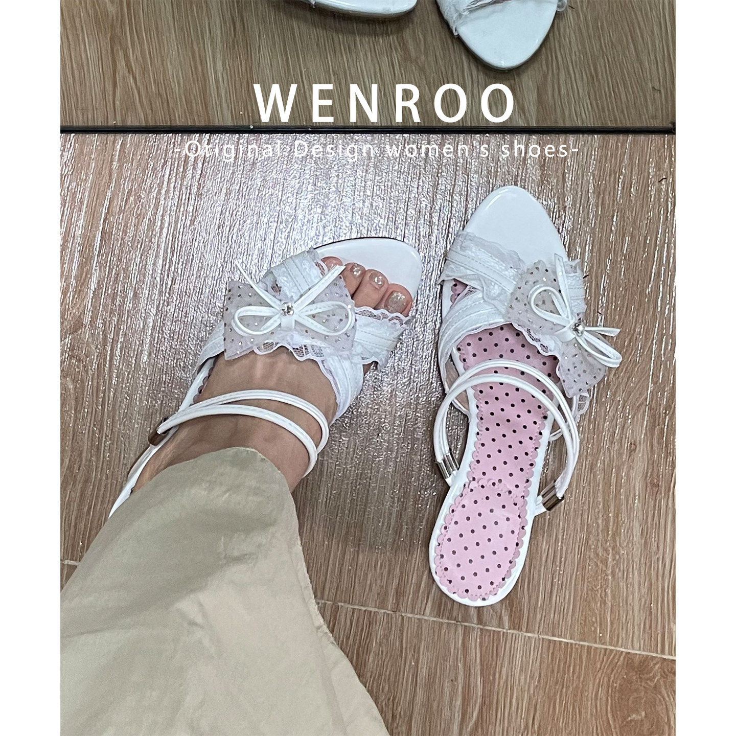 甜美蕾丝蝴蝶结异型爱心跟凉鞋女