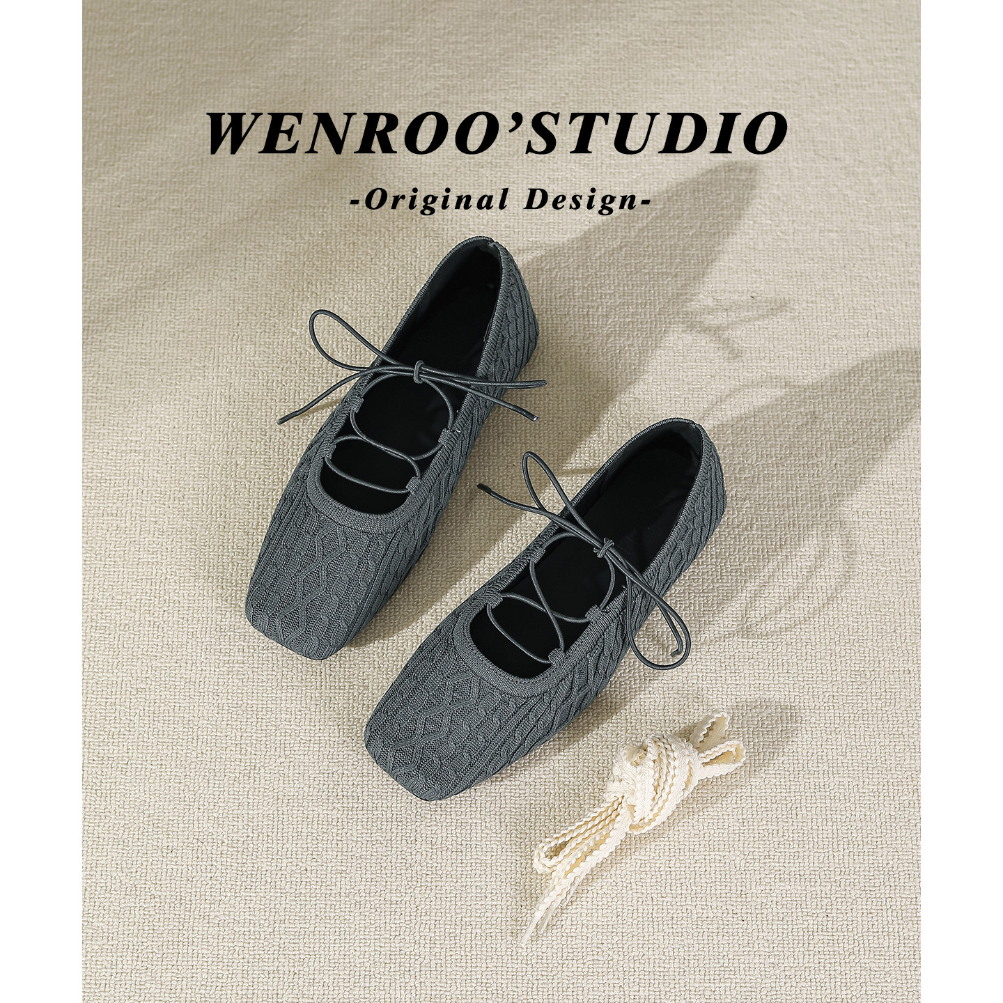 法式针织绑带方头芭蕾玛丽珍鞋女春2026新款灰色复古浅口平底单鞋,女鞋,浅口单鞋,淘宝优惠券,粉丝福利购,淘宝优惠卷