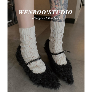 黑色一字带异型跟毛毛高跟鞋女2025秋冬新款法式复古尖头加绒单鞋