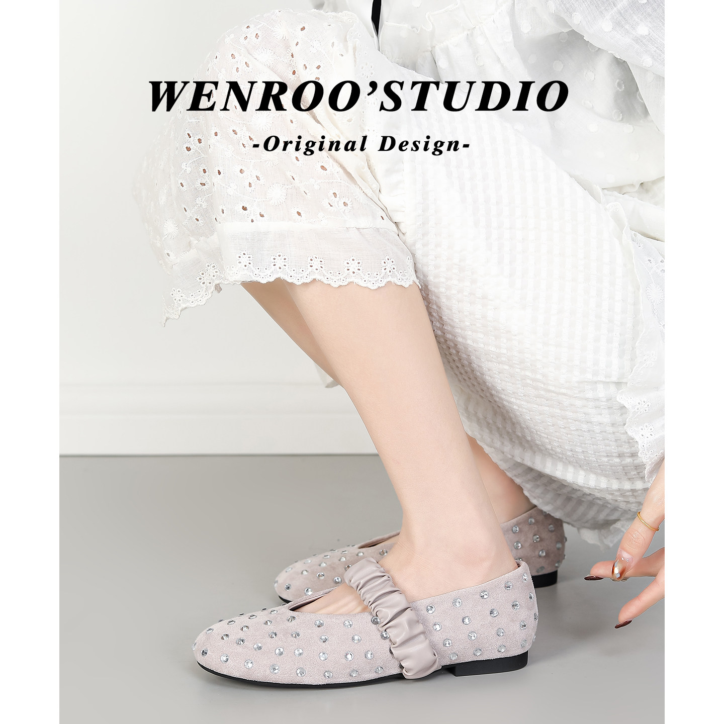 法式水钻平底芭蕾舞玛丽珍鞋女2026春季新款白色气质浅口圆头单鞋