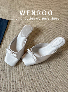 法式绸缎蝴蝶结坡跟方头凉鞋女外穿2026夏季新款复古露趾一字拖鞋