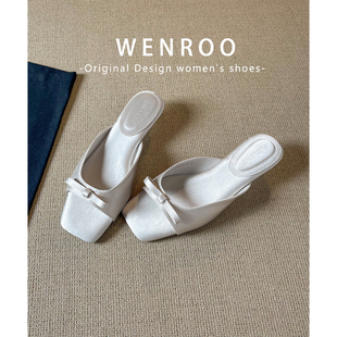 复古露趾一字拖鞋 法式 新款 女外穿2026夏季 绸缎蝴蝶结坡跟方头凉鞋