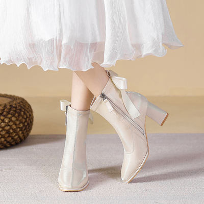 法式白色绸缎高跟婚鞋伴娘鞋粗跟