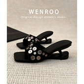 复古黑色纽扣露趾悬浮跟凉鞋 绝美高跟一字拖鞋 女外穿2025夏季 新款