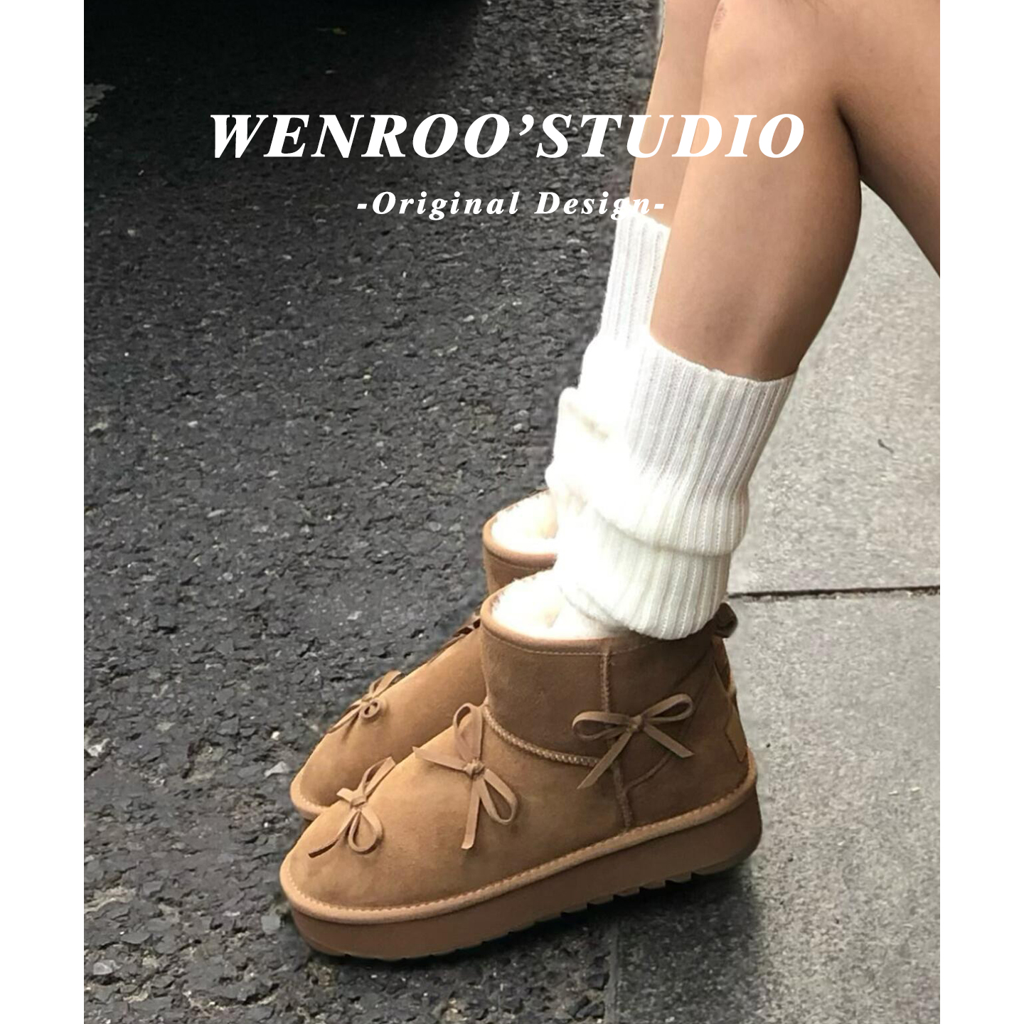 真皮蝴蝶结增高厚底加绒短筒靴女