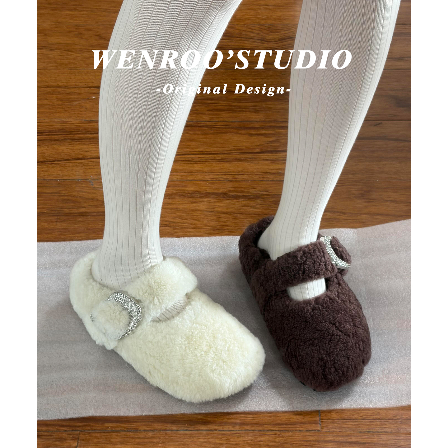 水钻扣带厚底羊羔毛毛包头拖鞋女