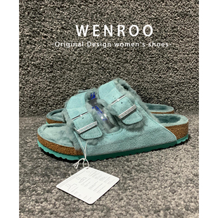 绿色厚底加绒勃肯棉拖鞋女外穿2025秋冬新款一脚蹬保暖羊羔毛毛鞋