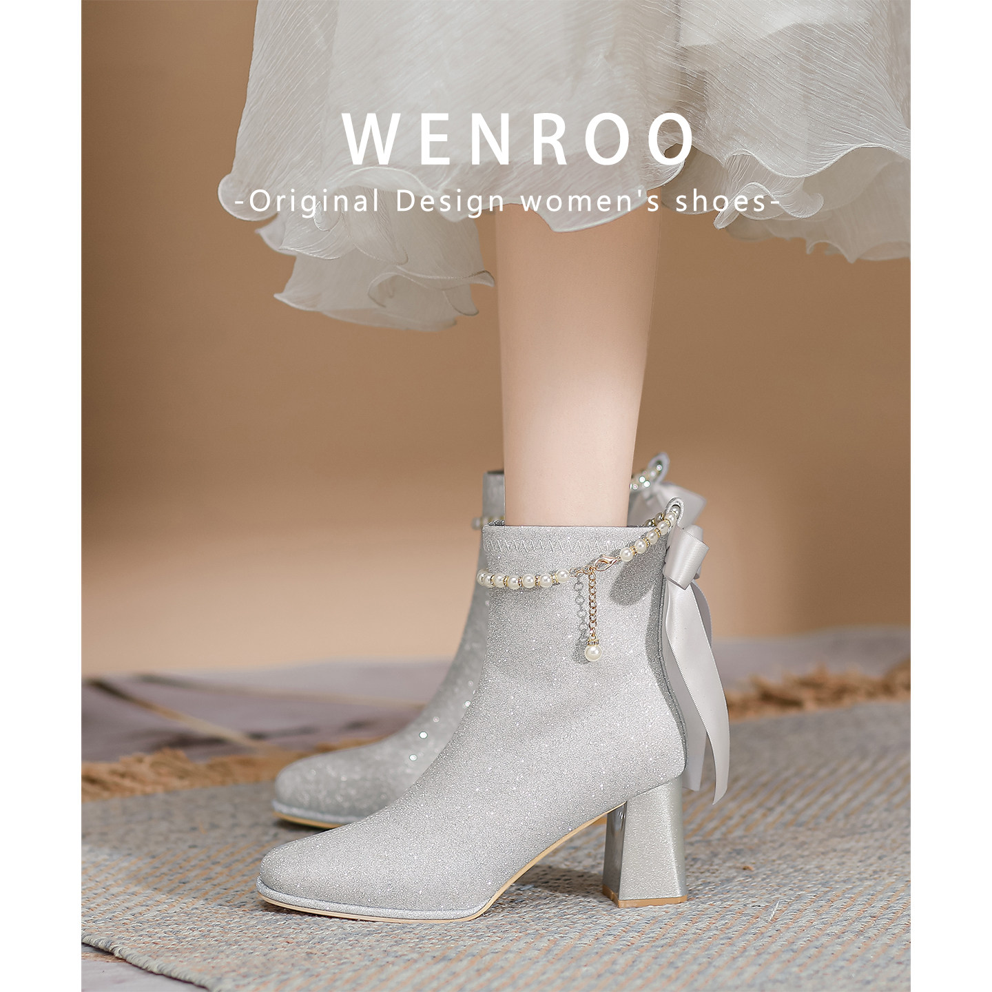 法式银色亮片绝美高跟婚鞋伴娘鞋2025冬季新款小众加绒切尔西短靴