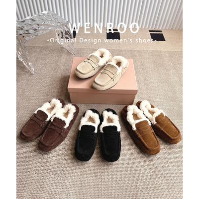 真皮软底平底毛毛豆豆单鞋女秋冬
