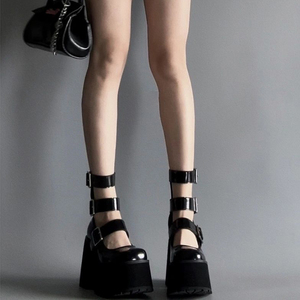 黑色扣带防水台超高跟鞋女粗跟法式厚底玛丽珍鞋2023新款漆皮单鞋