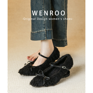 高级感黑色蝴蝶结毛毛高跟鞋女2025秋冬新款法式复古异型加绒单鞋