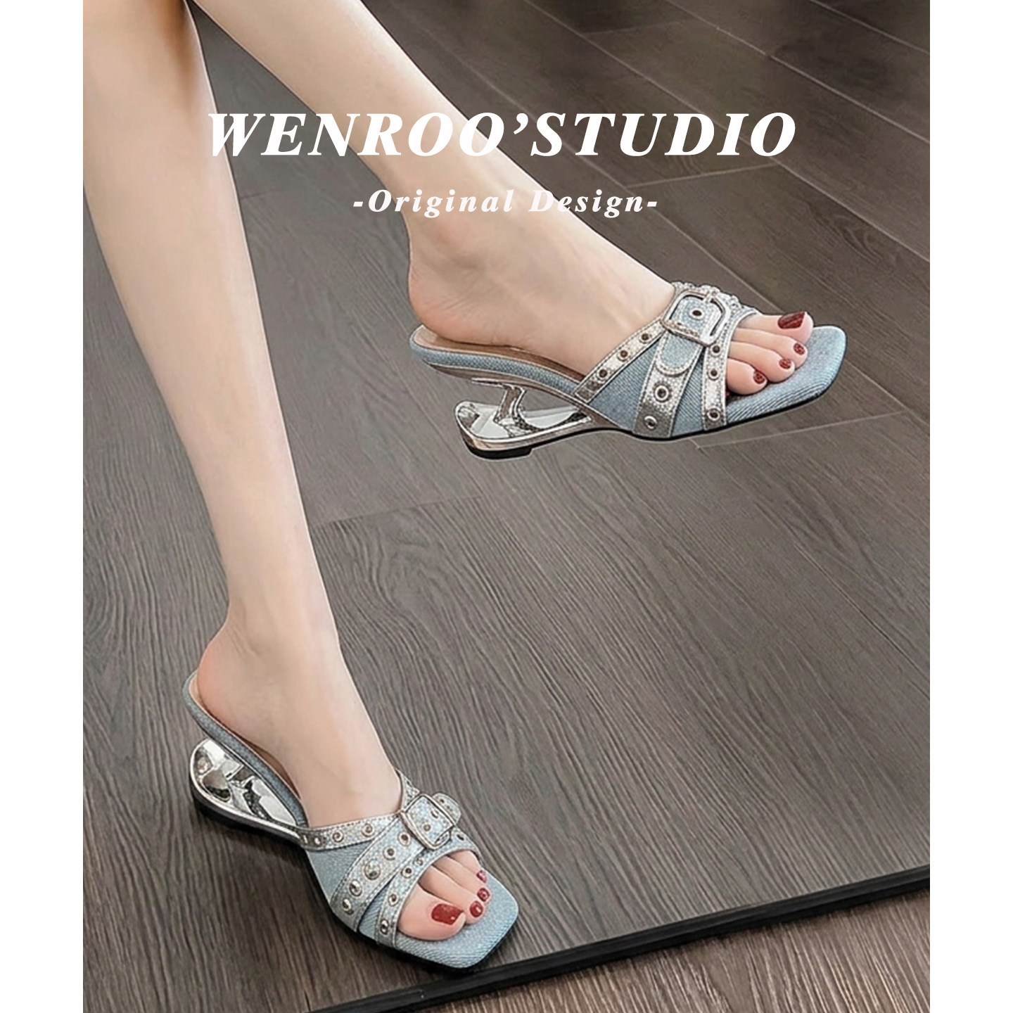 蓝色牛仔扣带一字高跟拖鞋女外穿2026夏季新款法式配裙子高跟凉鞋