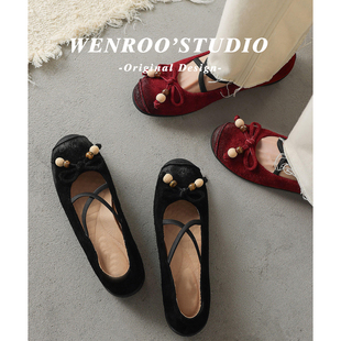法式蝴蝶结交叉带平底玛丽珍女春2026女新款红色气质浅口圆头单鞋