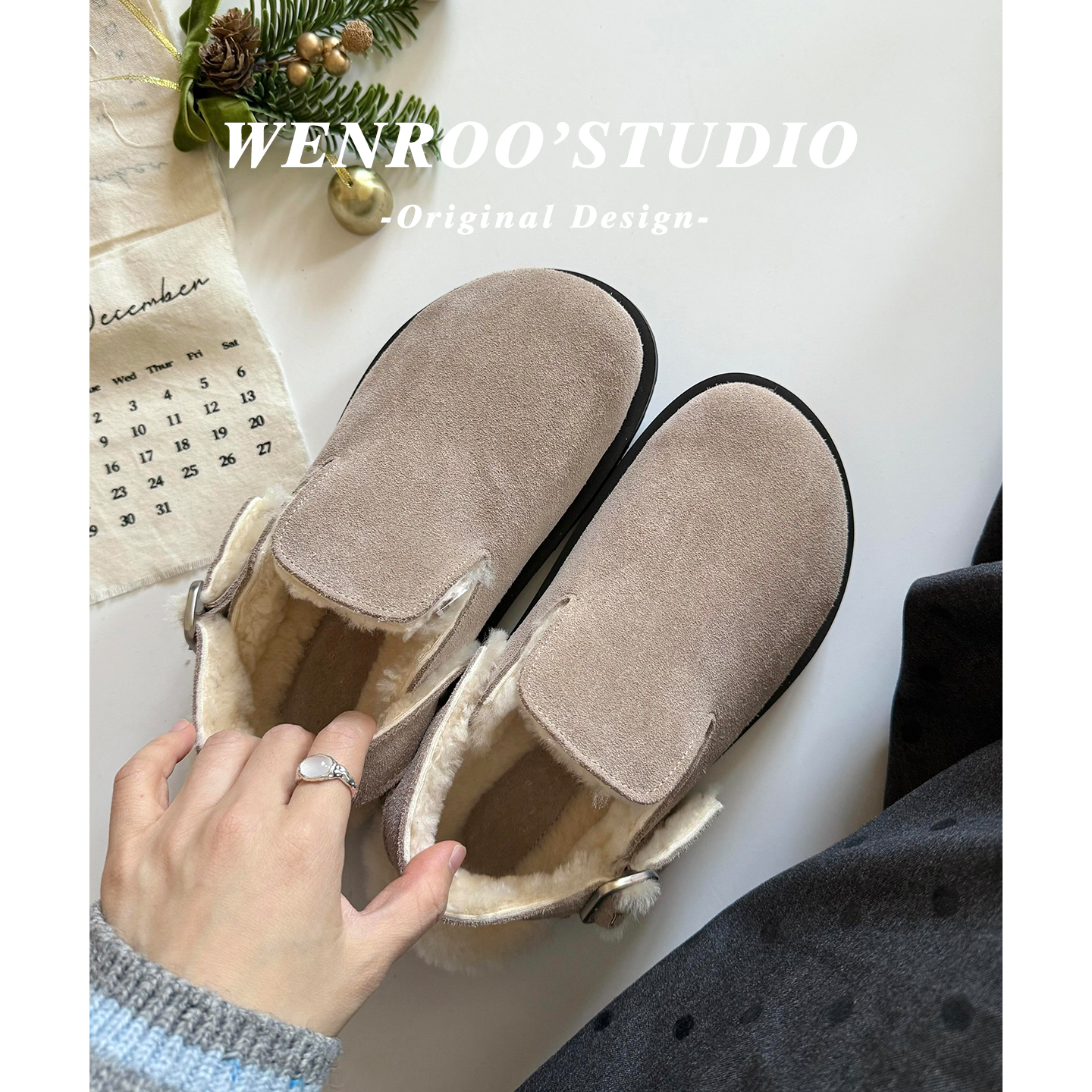 沙色加绒后绊带真皮包头拖鞋外穿