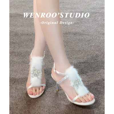 性感毛毛扣带罗马露趾高跟鞋女款