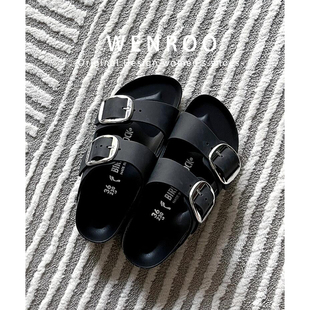 牛皮版！黑色一字银扣厚底勃肯凉鞋女夏季外穿休闲复古露趾凉拖鞋