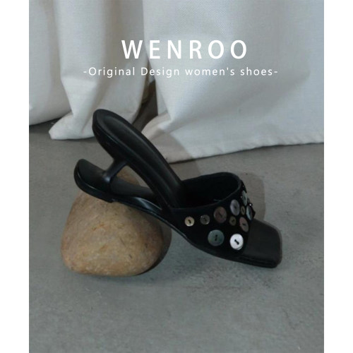 小众黑色亮片纽扣高跟露趾凉鞋女