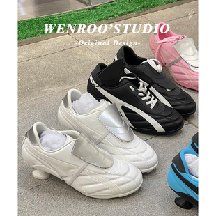 运动风设计感系带足球德训鞋女2026春季新款白色休闲深口高跟单鞋