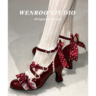 红色粗跟玛丽珍单鞋 新款 女2026春季 甜美Lolita蝴蝶结交叉带高跟鞋