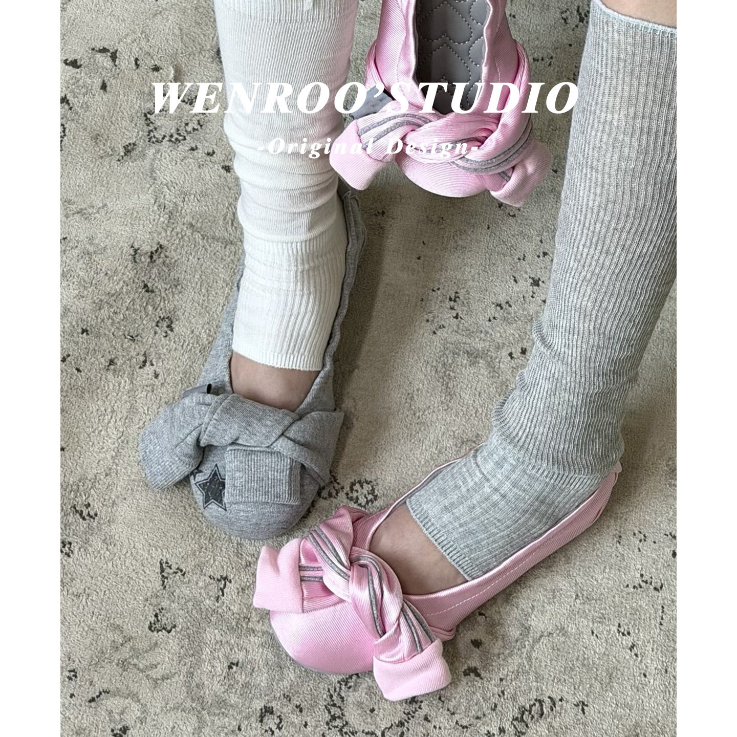 灰色手袖印花圆头平底芭蕾单鞋女