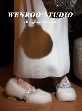 法式复古水钻带玛丽珍毛毛鞋女2025秋冬新款小众白色加绒高跟单鞋