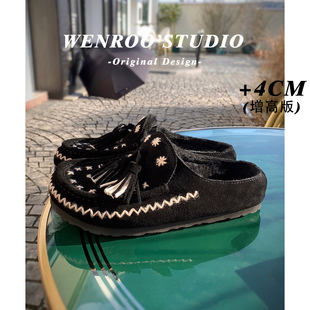 牛皮版！黑色复古流苏绣线厚底勃肯鞋女冬季外穿保暖包头毛毛拖鞋