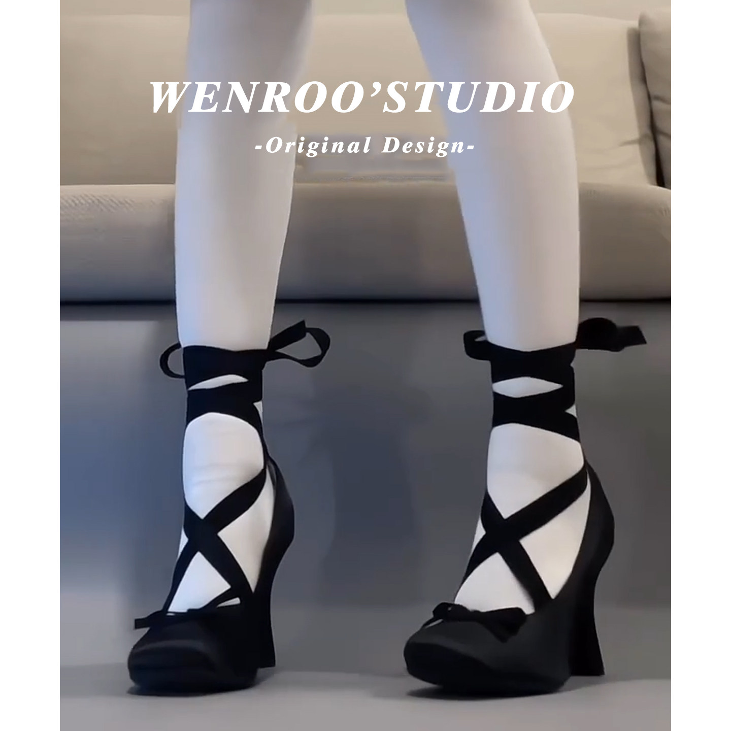 黑色复古绑带Lolita蝴蝶结高跟鞋女2026春季新款法式浅口粗跟单鞋