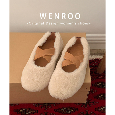 法式白色羊羔毛毛平底芭蕾舞鞋女