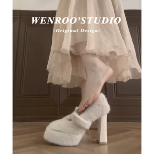 法式白色加绒玛丽珍高跟鞋女2025秋冬新款气质配裙子毛毛粗跟单鞋