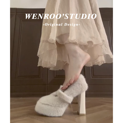 法式白色加绒玛丽珍高跟鞋女秋冬