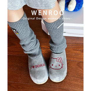 牛皮版！灰色复古KT猫勃肯鞋女外穿2025新款内增高厚底包头半拖鞋