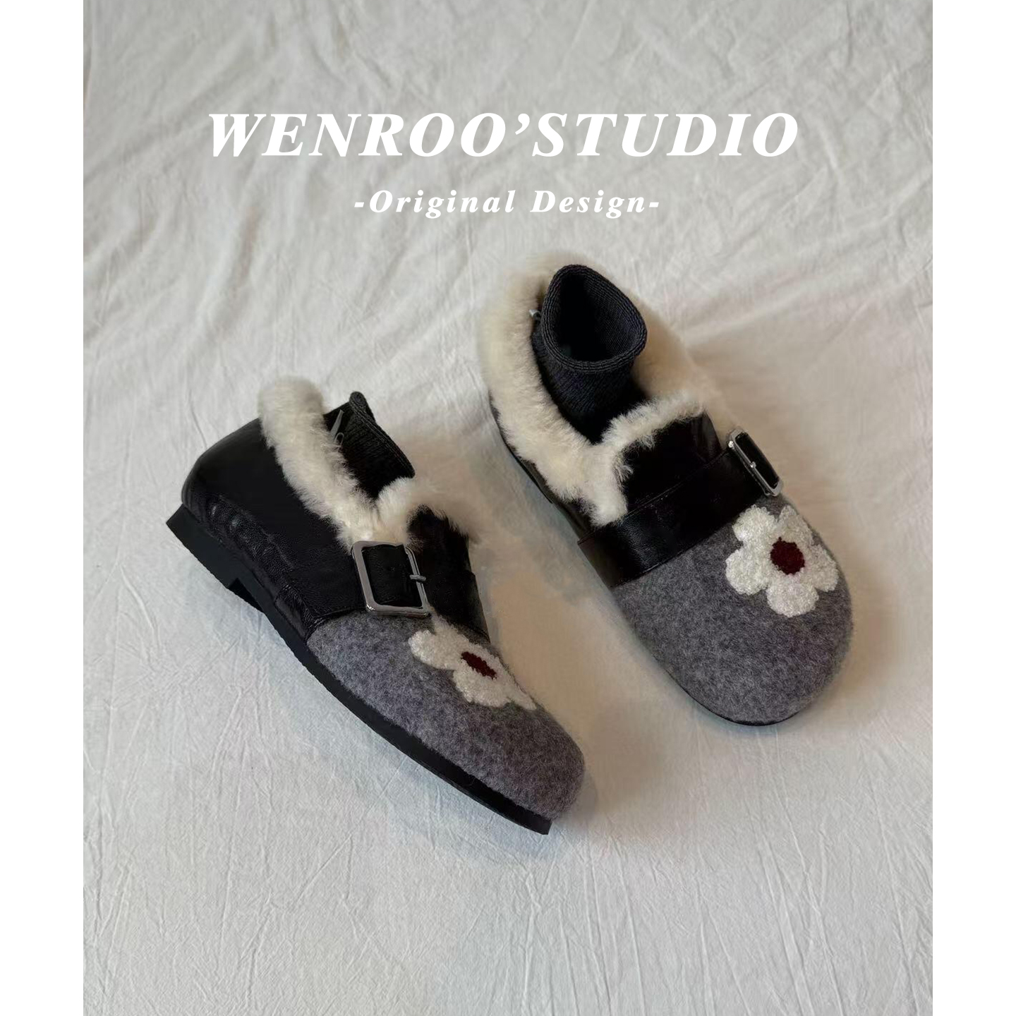 灰色刺绣花朵加绒全包勃肯鞋外穿