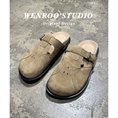 新款 女外穿2026春季 休闲包头半拖 沙色复古镂空厚底勃肯鞋 牛皮版