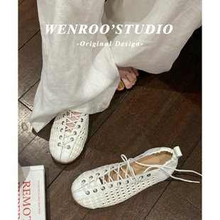 法式白色编织镂空平底玛丽珍女鞋2026夏季新款内增高系带芭蕾单鞋