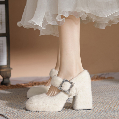 白色防水台毛毛高跟鞋女冬季单鞋