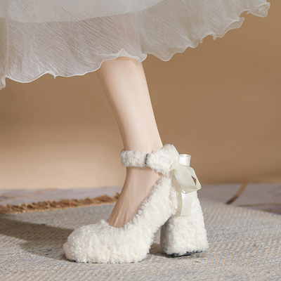 法式羊羔毛毛鞋白色防水台高跟鞋