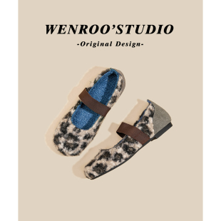 绝美浅口圆头加绒单鞋 复古豹纹松紧带平底玛丽珍毛毛鞋 女2025新款