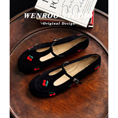 法式 黑色复古奶奶平底单鞋 刺绣樱桃扣带圆头玛丽珍鞋 女2026春新款