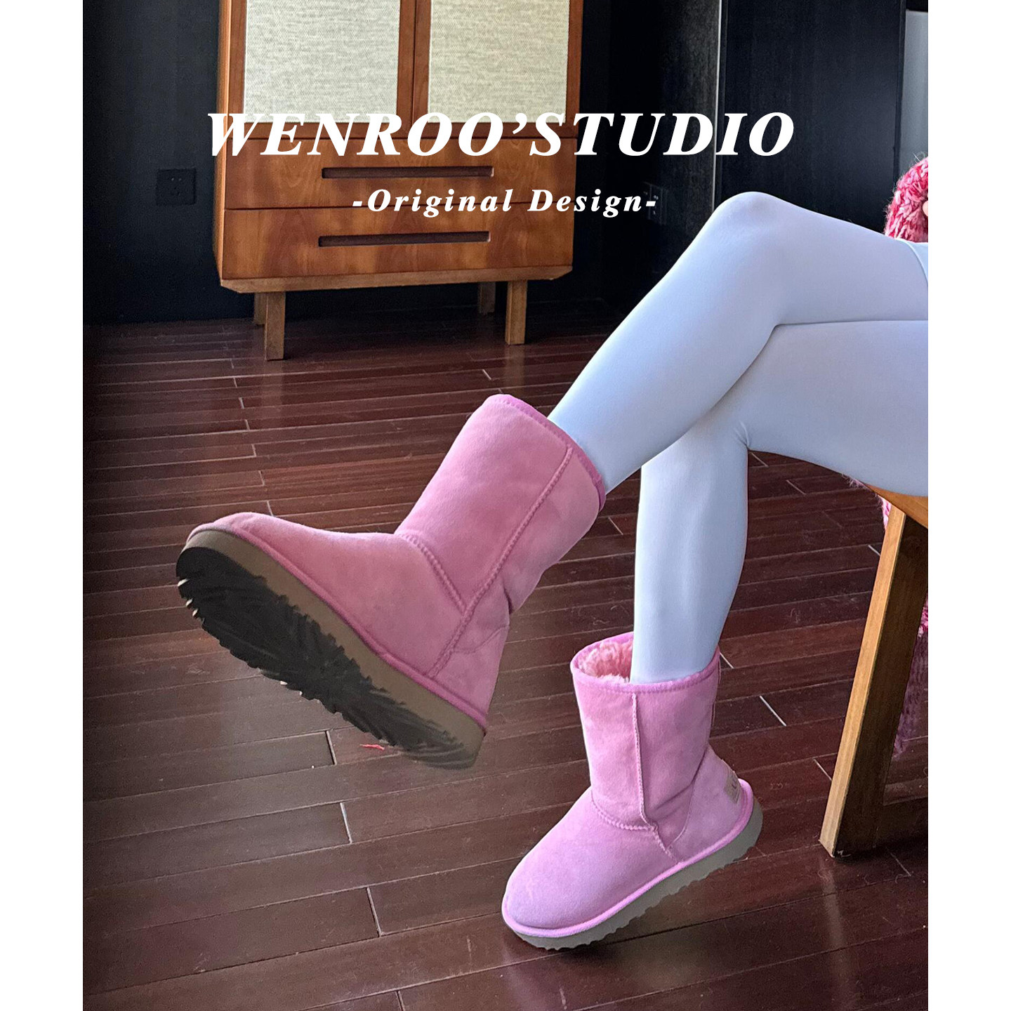 牛皮版！粉色甜美厚底加绒中筒靴女冬2025新款真皮保暖毛毛雪地靴