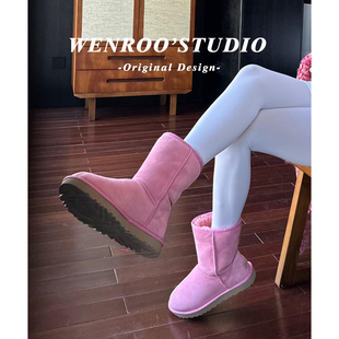 牛皮版!粉色甜美厚底加绒中筒靴女冬2025新款真皮保暖毛毛雪地靴