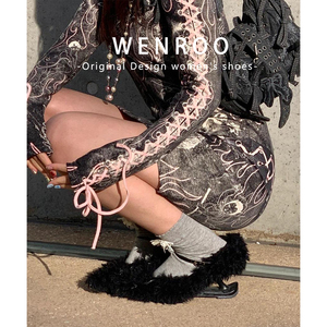 黑色蝴蝶结一字带加绒玛丽珍女2025秋冬新款法式尖头毛毛高跟单鞋