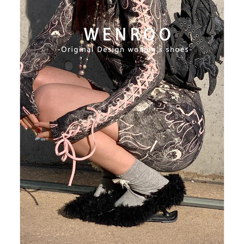 黑色复古蝴蝶结一字带加绒玛丽珍