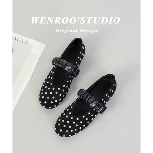 黑色高级感水钻平底芭蕾舞单鞋女2026春季新款法式浅口圆头玛丽珍